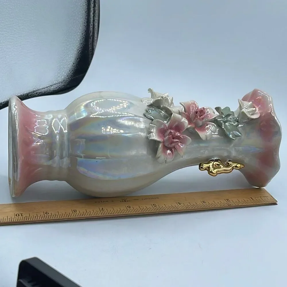 Vintage Vase iridescent Lusterware applied ceramic roses. - Picture 6 of 9